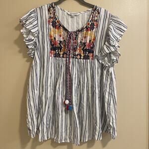 Adorable Top By Davi&Dani Size L - Embroidery, Tassels, Stripes,Boho,Whimsical